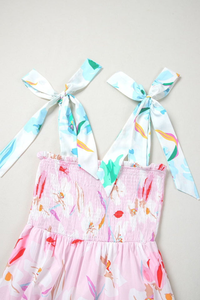 Floral Print Knotted Shoulder Smocked Maxi Dress.