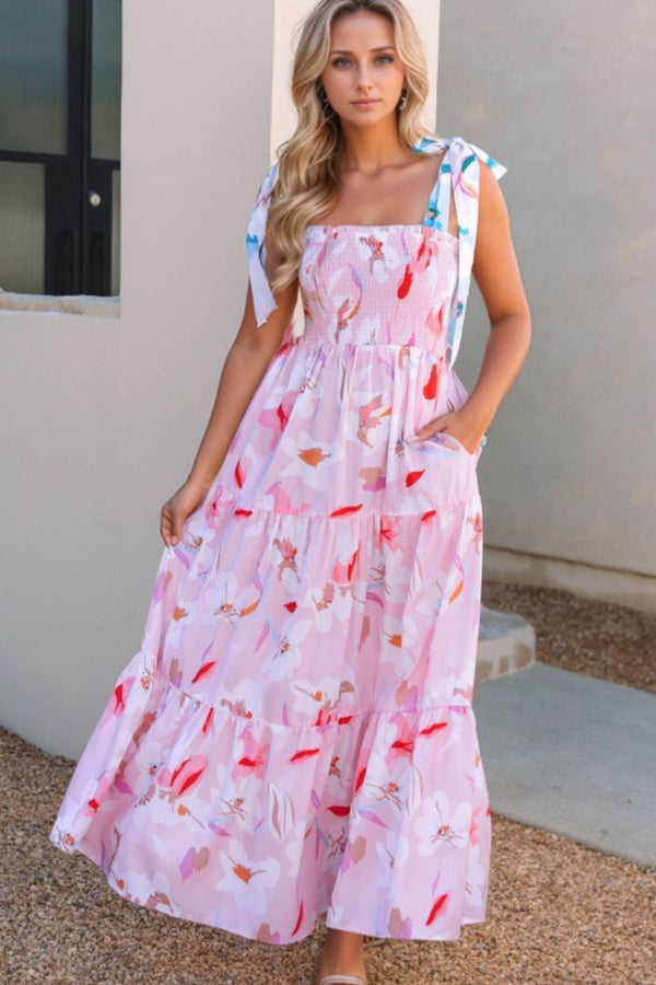 Floral Print Knotted Shoulder Smocked Maxi Dress.