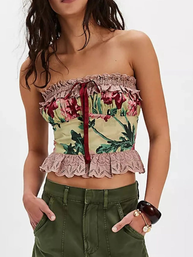 Floral print tube top with lace trim and bow.