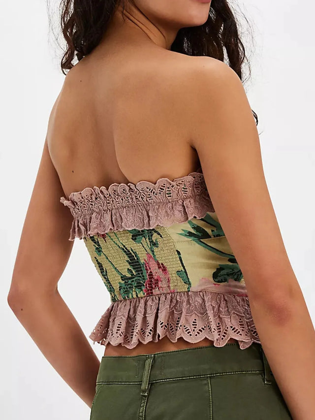 Floral print tube top with lace trim and bow.
