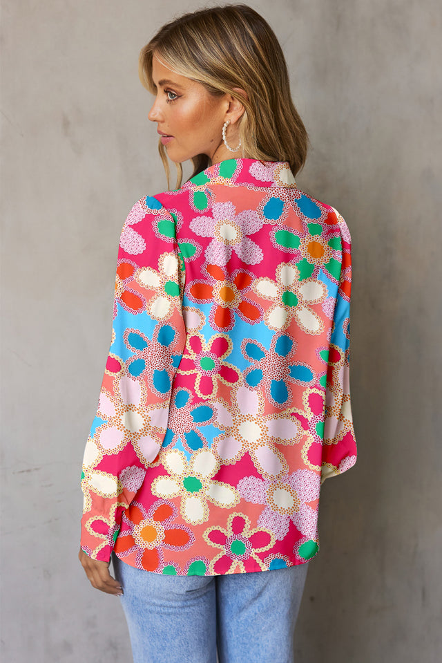 Floral print lantern sleeve collared neck shirt.