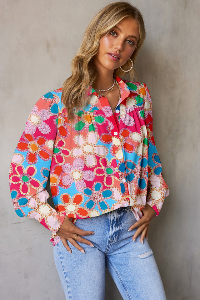 Floral print lantern sleeve collared neck shirt.