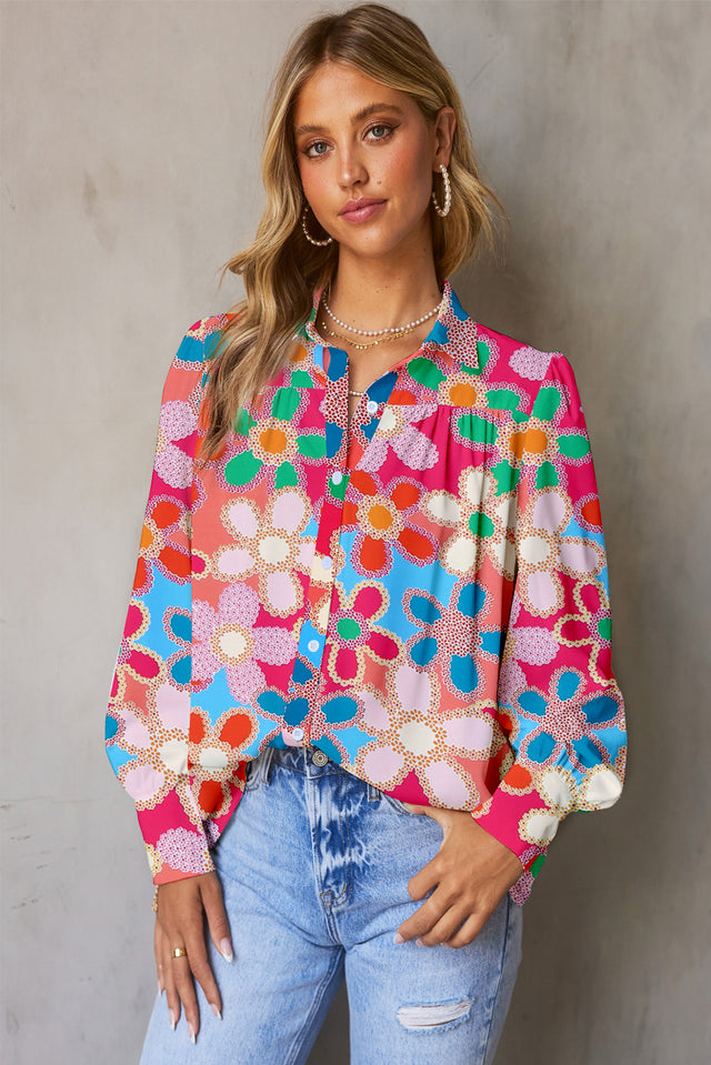 Floral print lantern sleeve collared neck shirt.