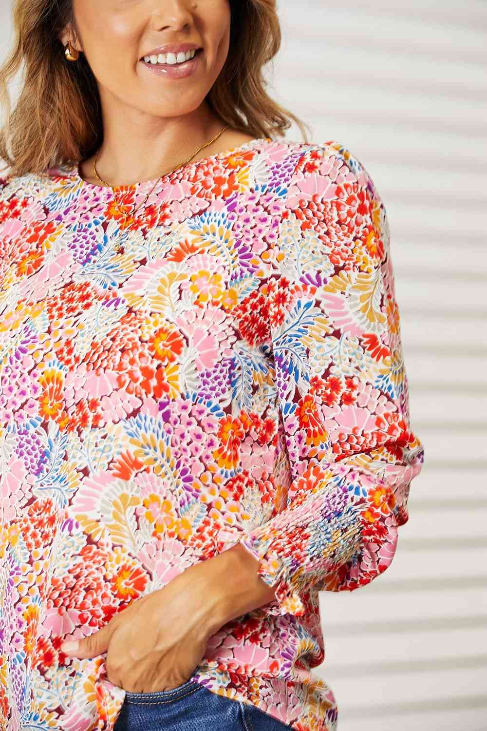 Double Take floral print long puff sleeve blouse.