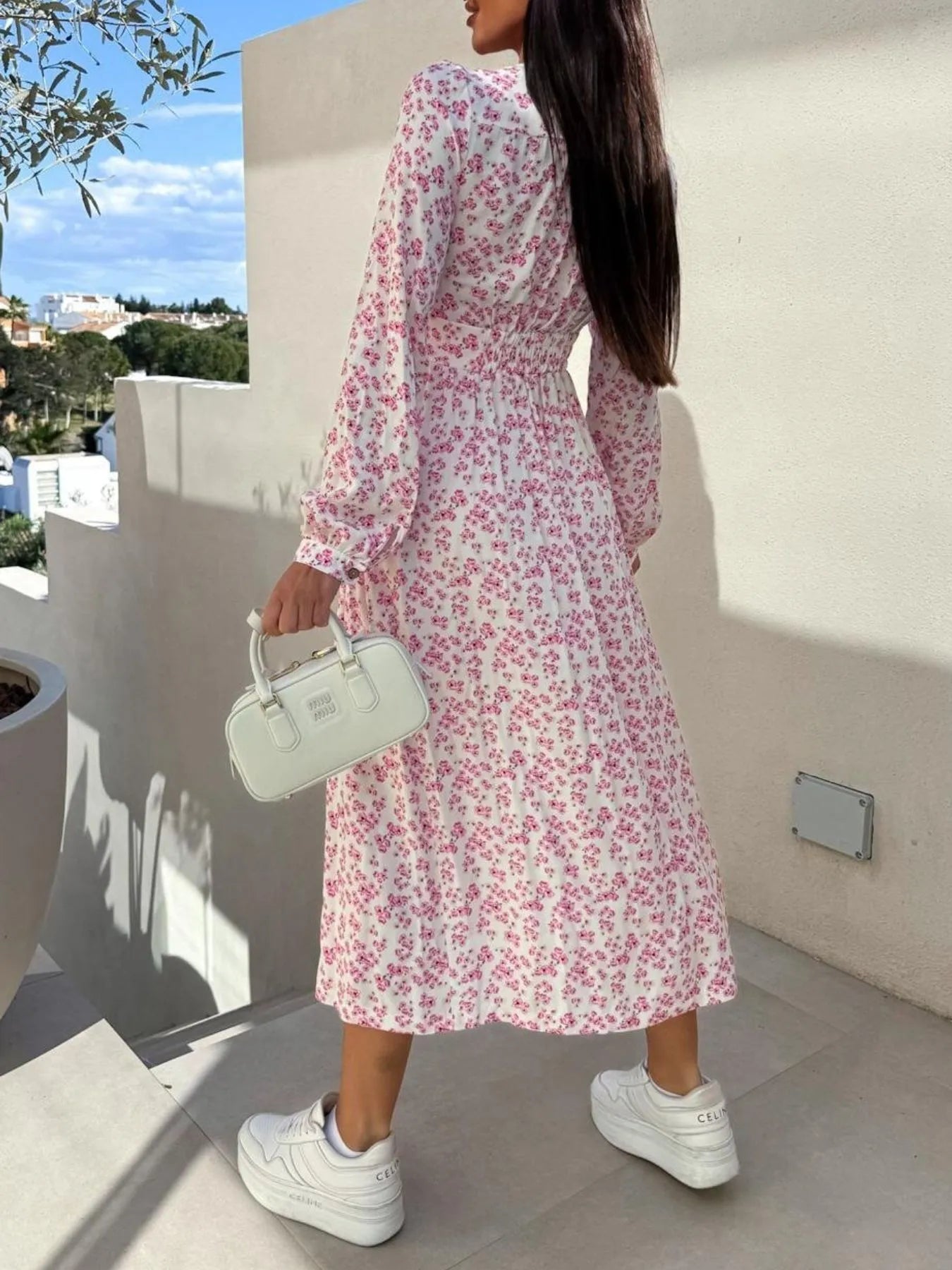 Floral Print Long Sleeve V-Neck Dress.