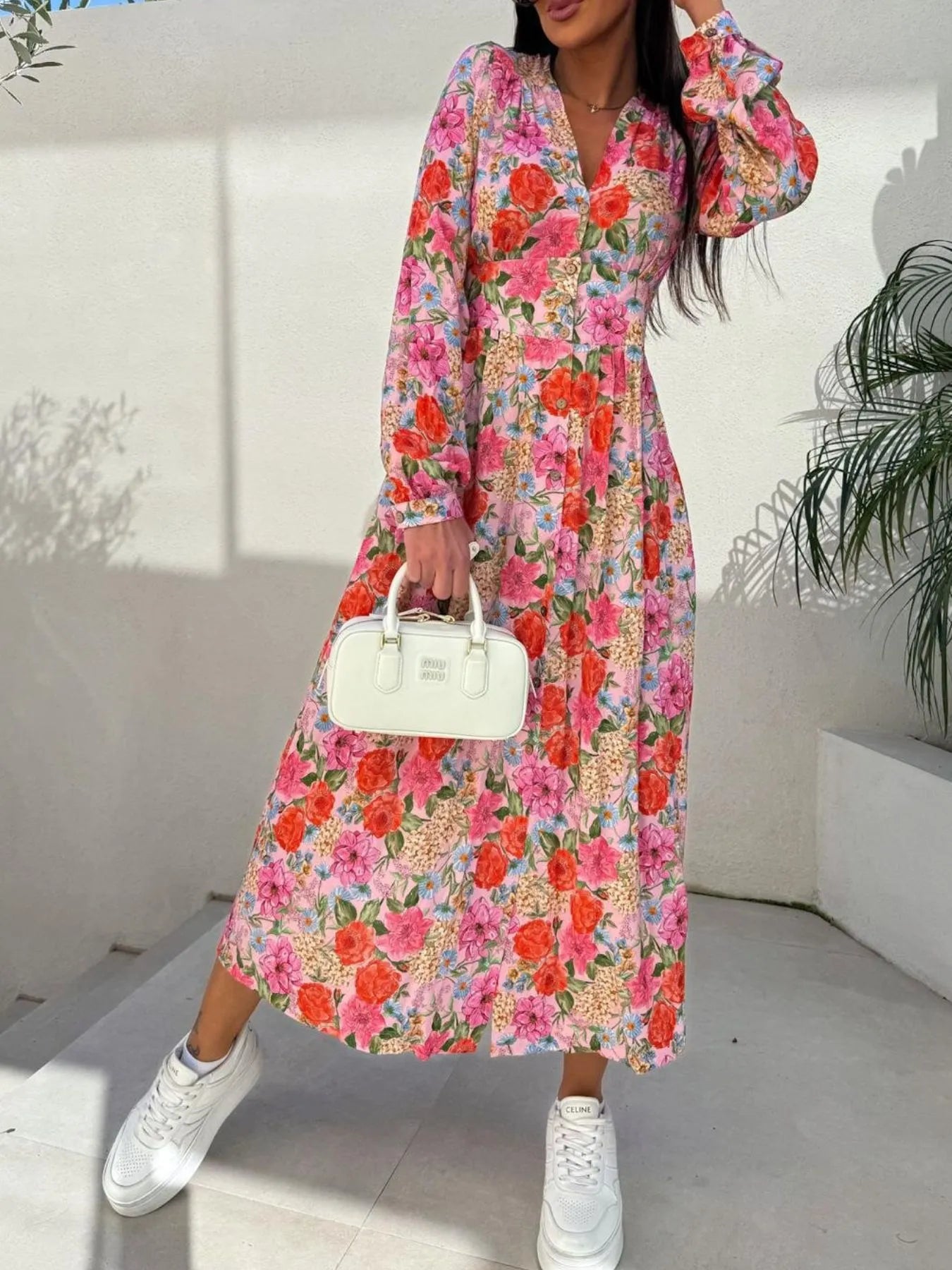 Floral Print Long Sleeve V-Neck Dress.