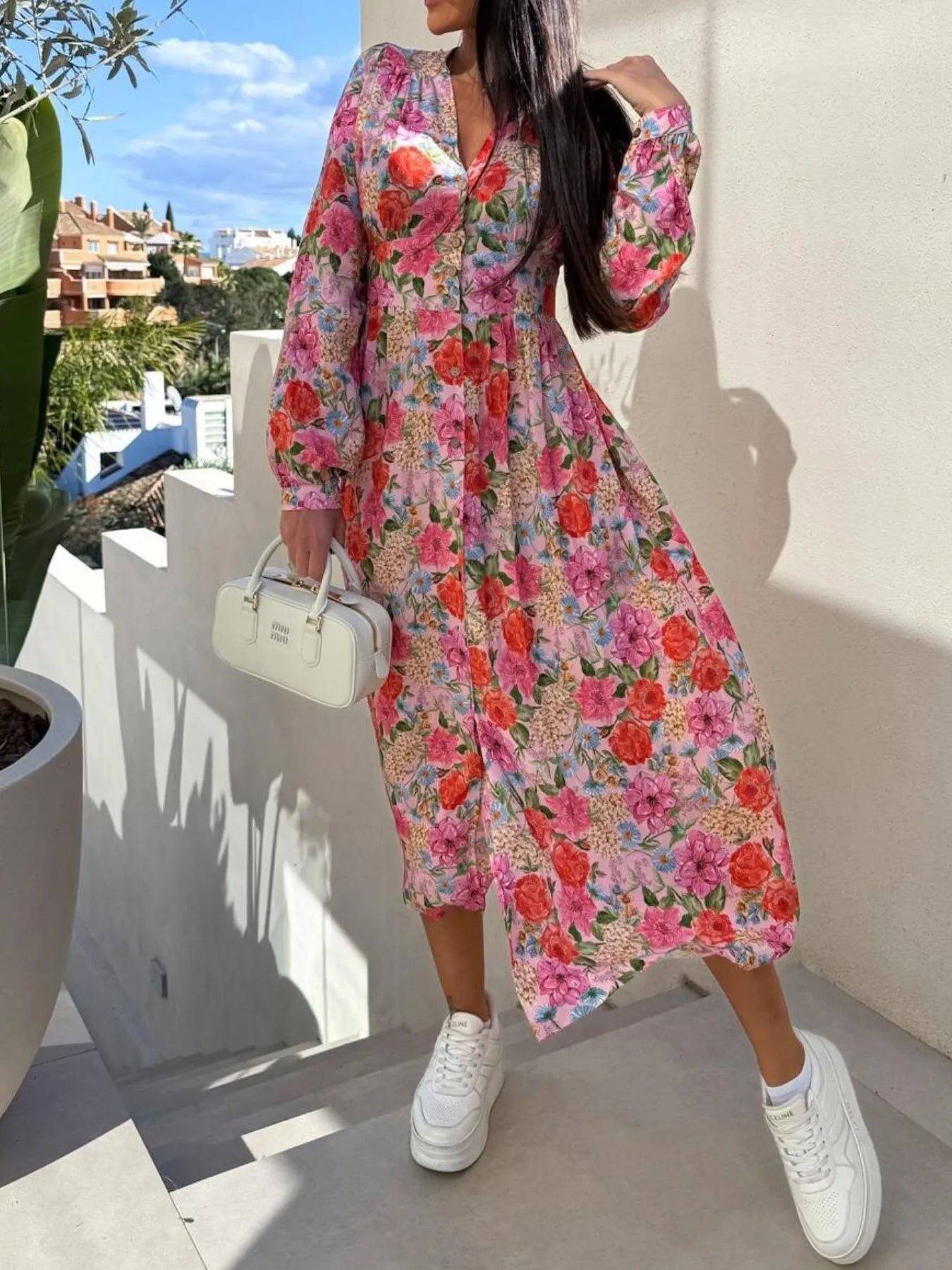 Floral Print Long Sleeve V-Neck Dress.