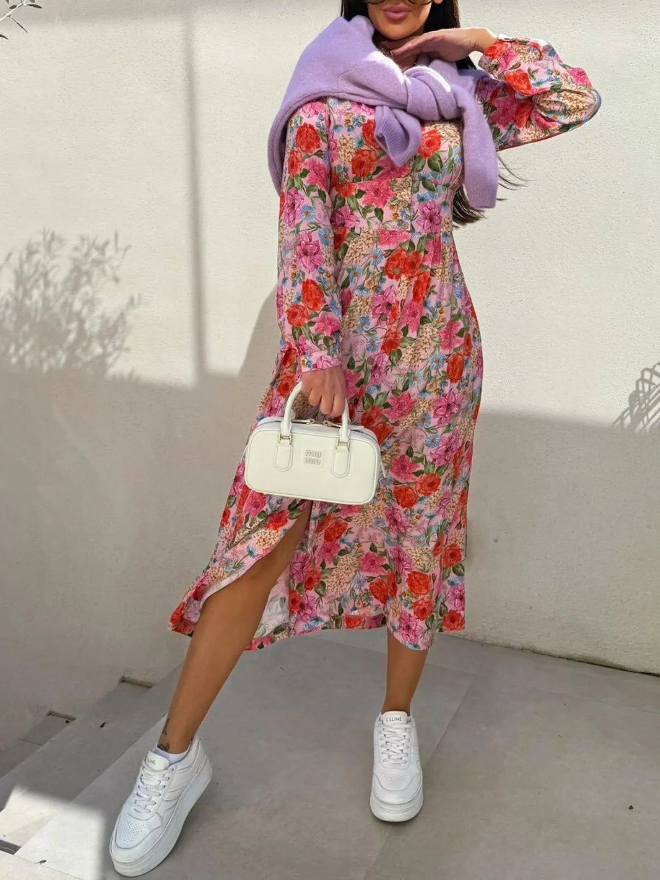 Floral Print Long Sleeve V-Neck Dress.