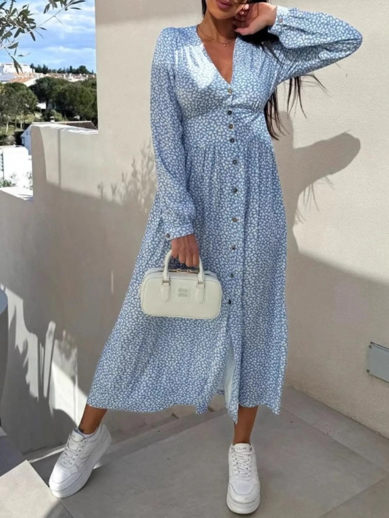 Floral Print Long Sleeve V-Neck Dress.