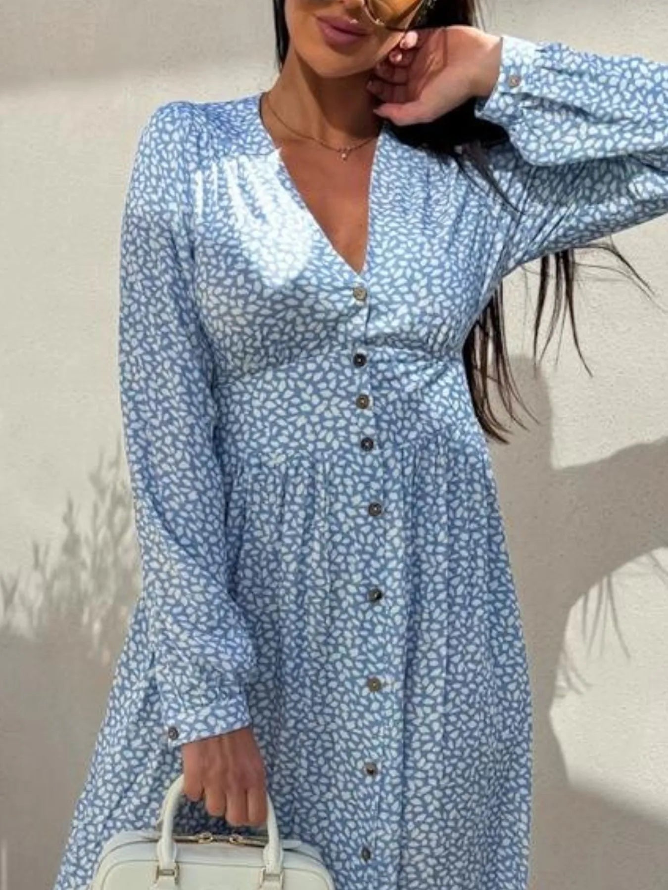 Floral Print Long Sleeve V-Neck Dress.