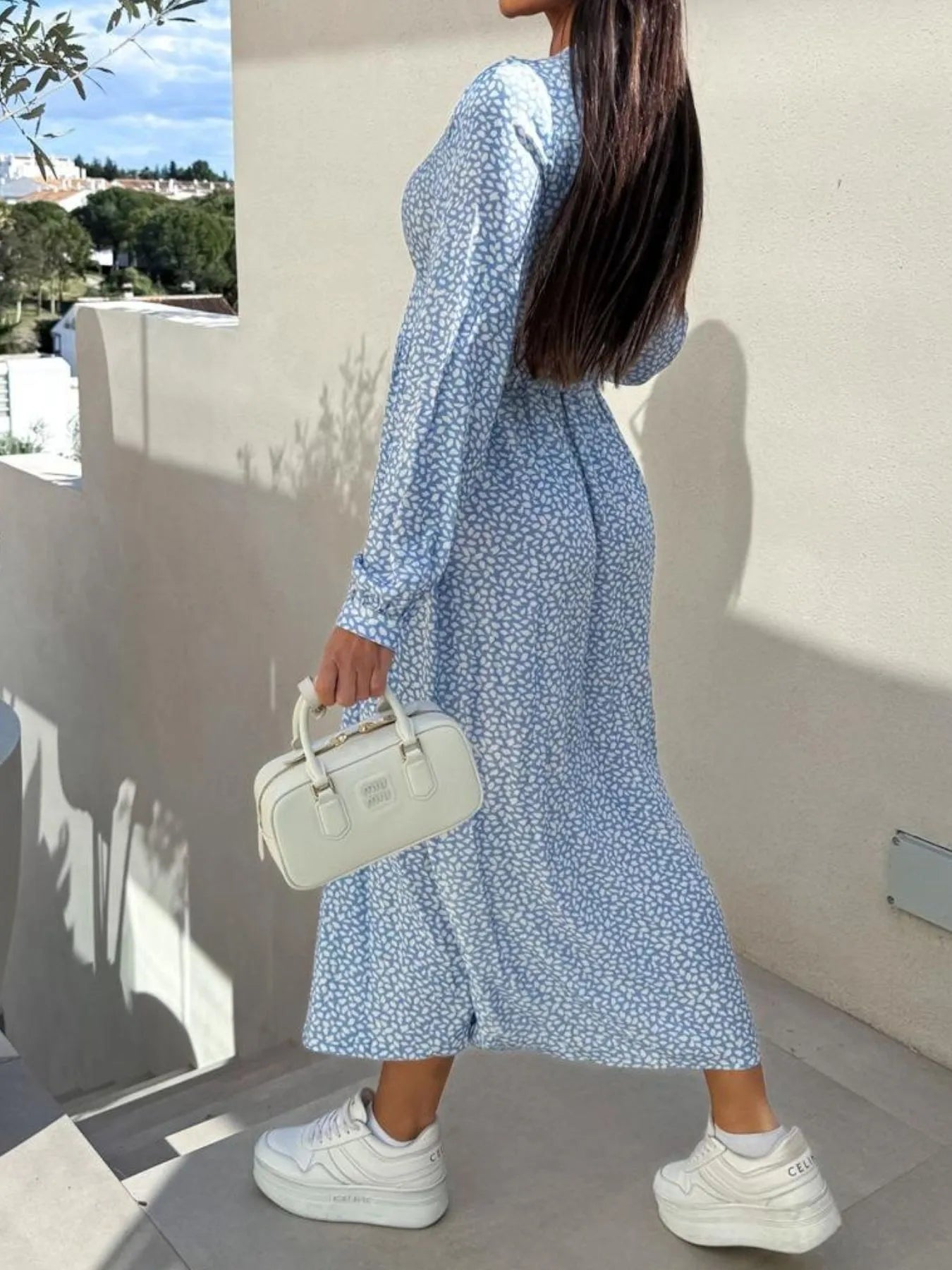 Floral Print Long Sleeve V-Neck Dress.
