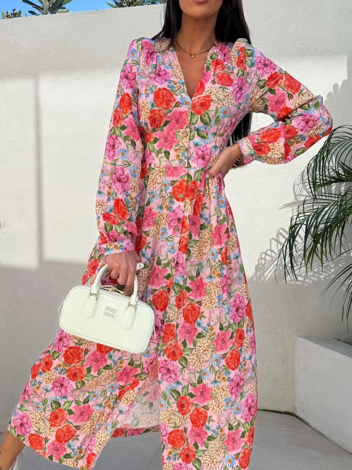 Floral Print Long Sleeve V-Neck Dress.