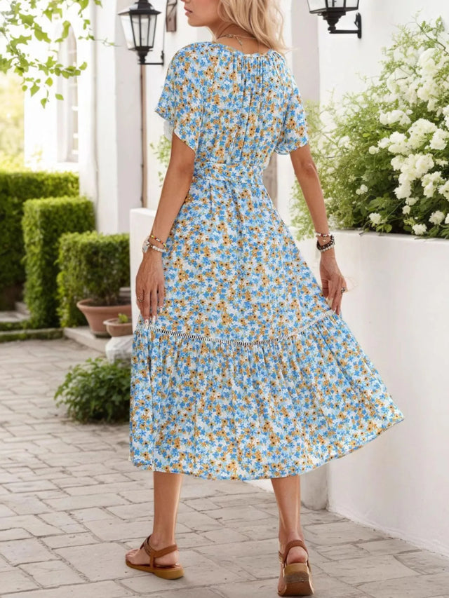Floral Print Midi Dress with Tie Front.