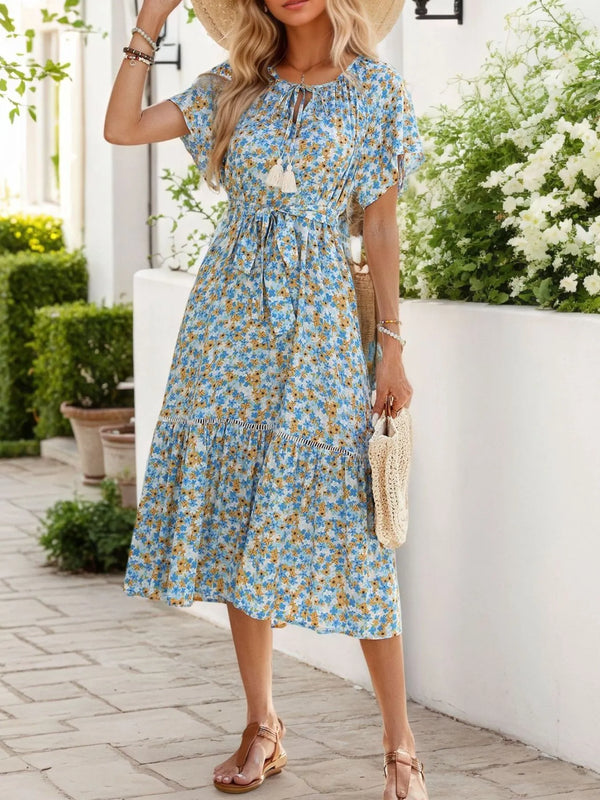 Floral Print Midi Dress with Tie Front.