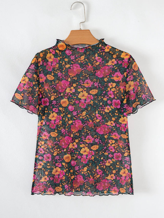 Floral Print Mock Neck Short Sleeve Top.