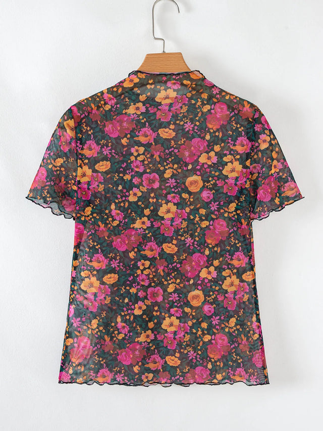 Floral Print Mock Neck Short Sleeve Top.