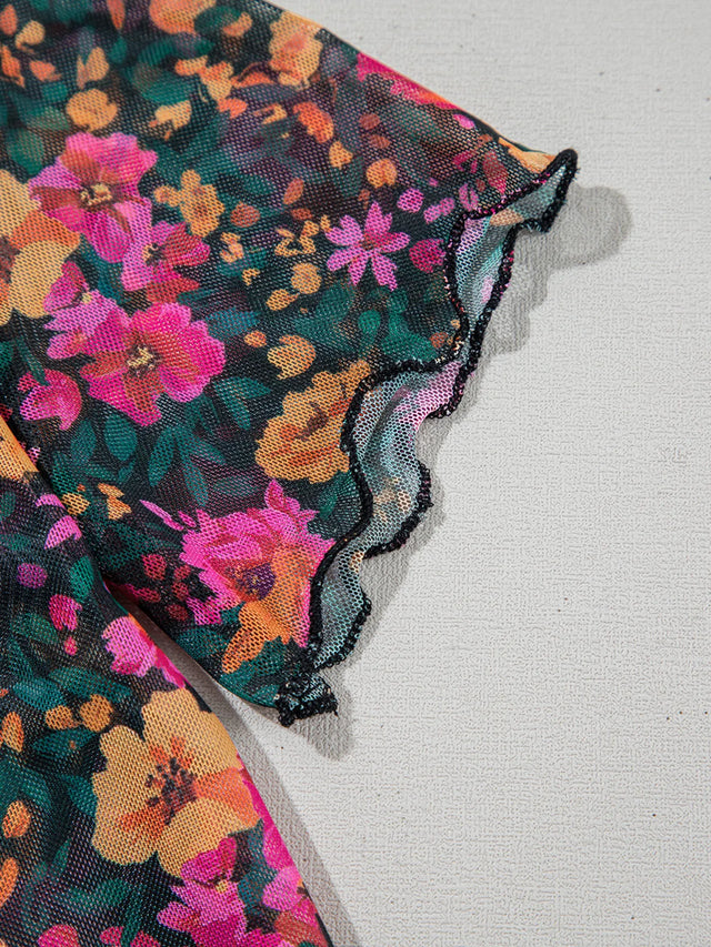 Floral Print Mock Neck Short Sleeve Top.