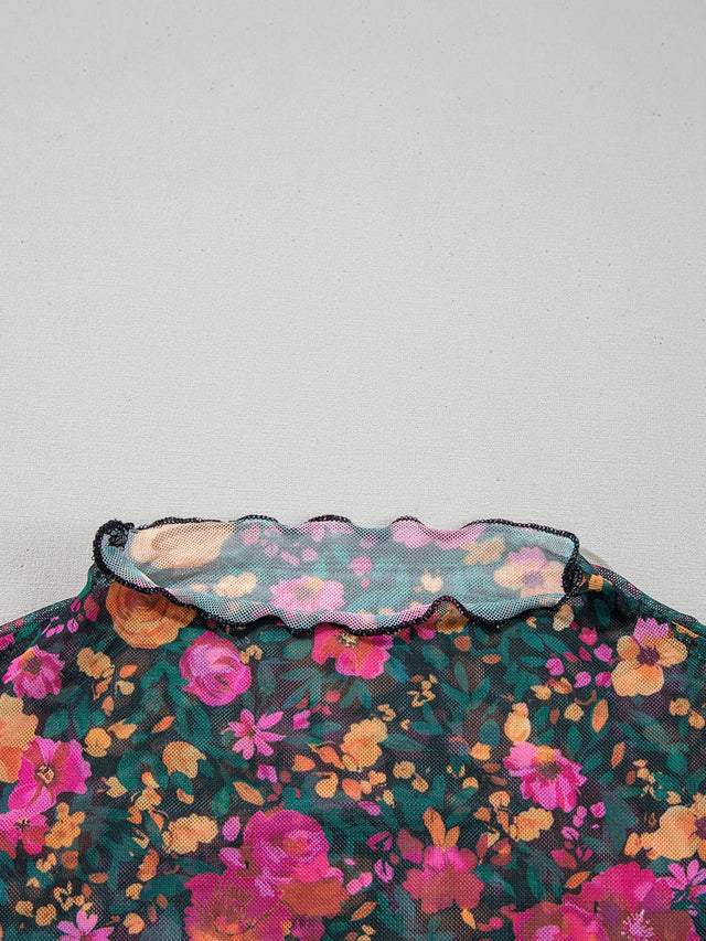 Floral Print Mock Neck Short Sleeve Top.