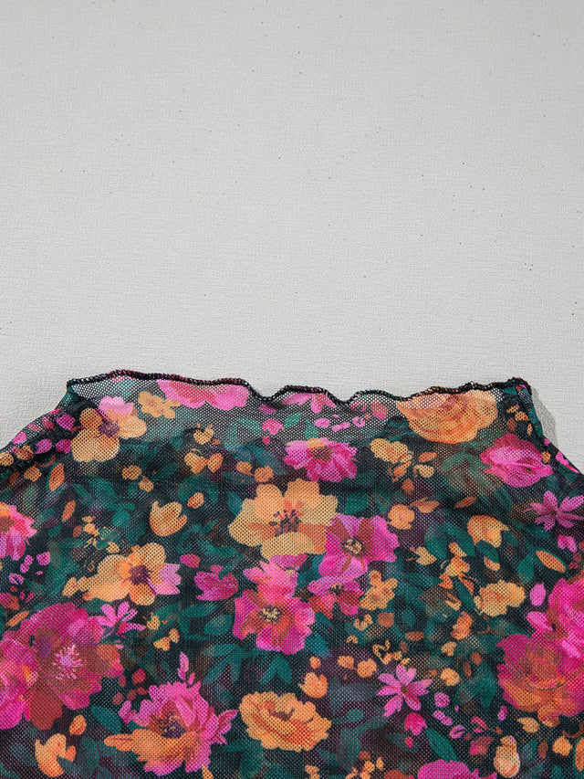 Floral Print Mock Neck Short Sleeve Top.