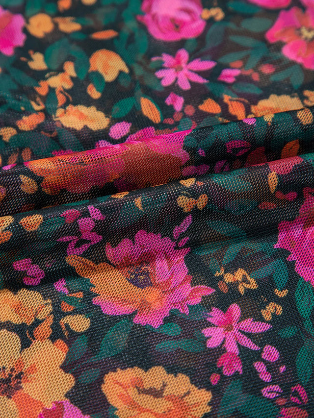 Floral Print Mock Neck Short Sleeve Top.