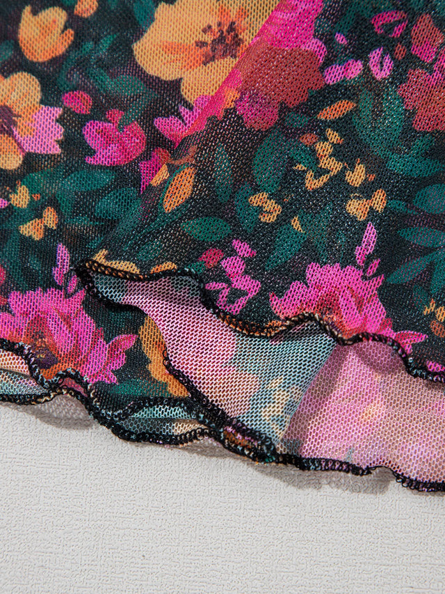 Floral Print Mock Neck Short Sleeve Top.