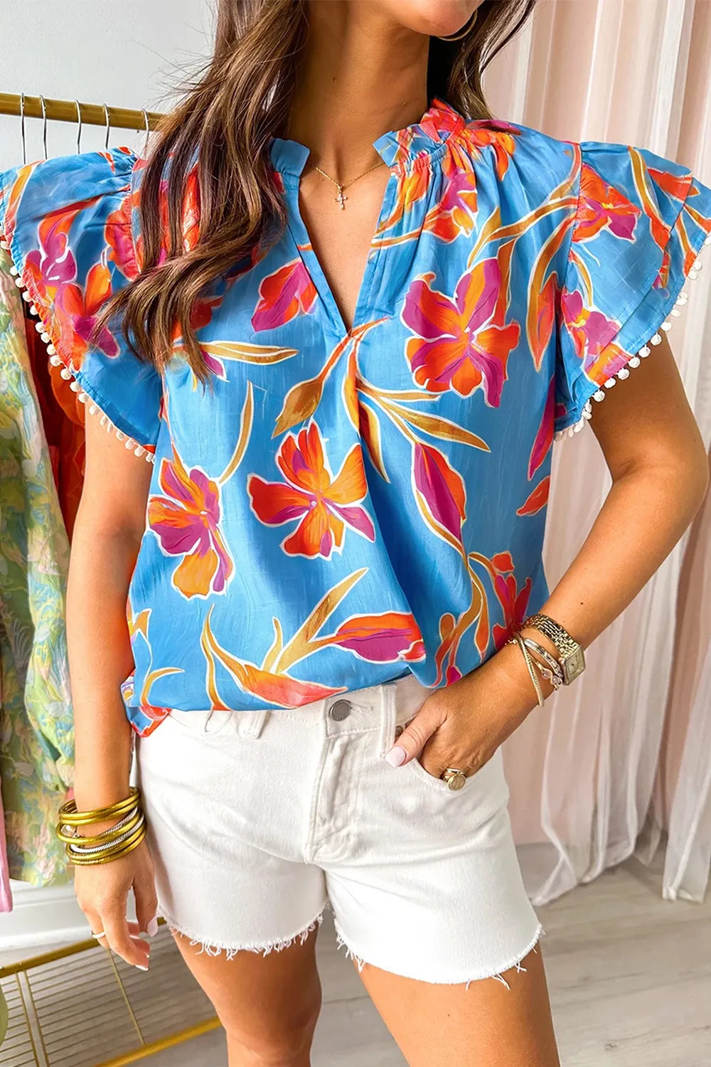 Floral Print Notched Pompom Trim Flutter Sleeve Blouse.