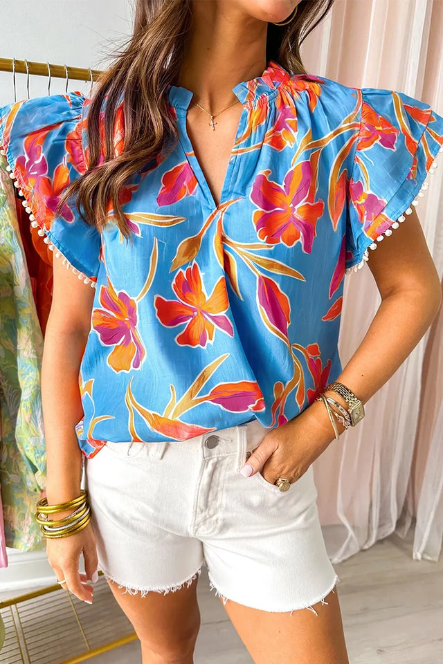 Floral Print Notched Pompom Trim Flutter Sleeve Blouse.