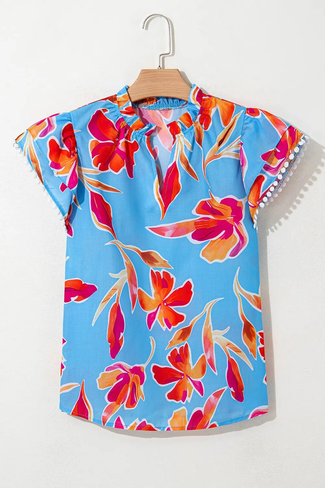 Floral Print Notched Pompom Trim Flutter Sleeve Blouse.