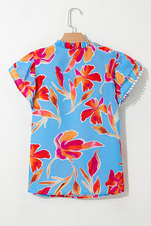 Floral Print Notched Pompom Trim Flutter Sleeve Blouse.