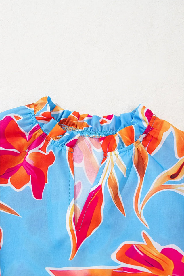 Floral Print Notched Pompom Trim Flutter Sleeve Blouse.
