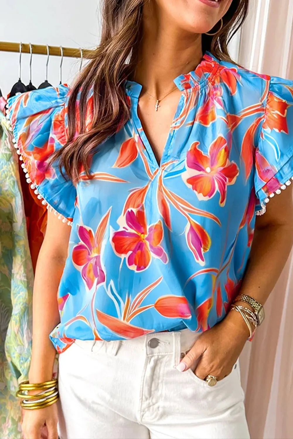 Floral Print Notched Pompom Trim Flutter Sleeve Blouse.