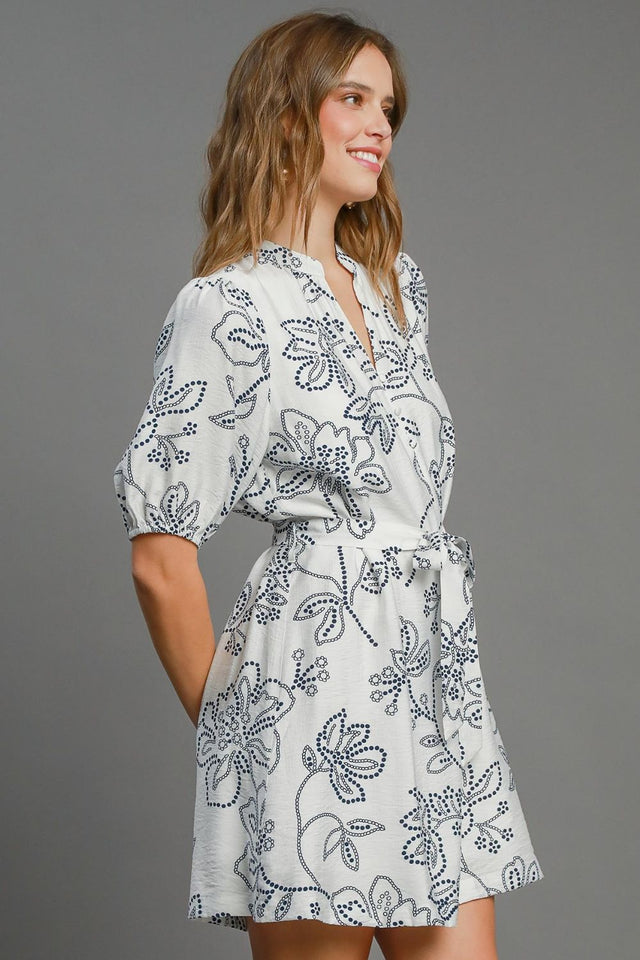 Umgee Full Size Floral Print Notched Puff Sleeve Mini Dress Plus Size.