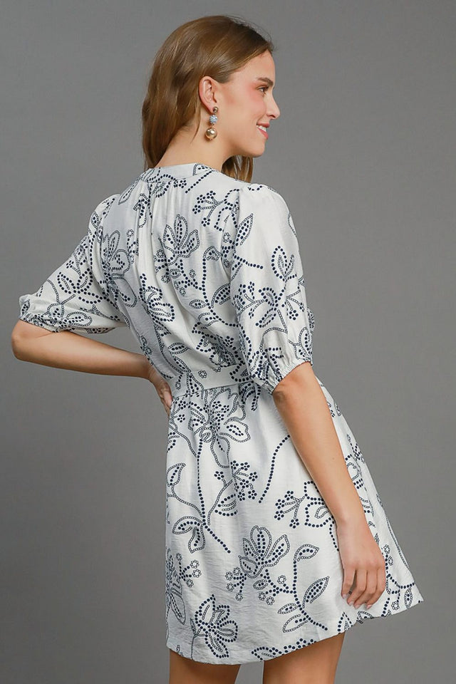 Umgee Full Size Floral Print Notched Puff Sleeve Mini Dress Plus Size.