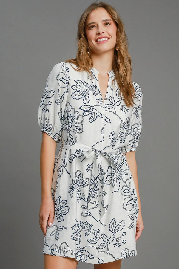 Umgee Full Size Floral Print Notched Puff Sleeve Mini Dress Plus Size.