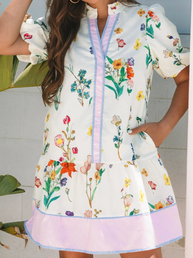 Floral Print Notched Short Sleeve Dress.
