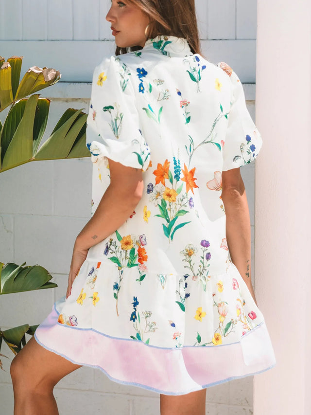 Floral Print Notched Short Sleeve Dress.