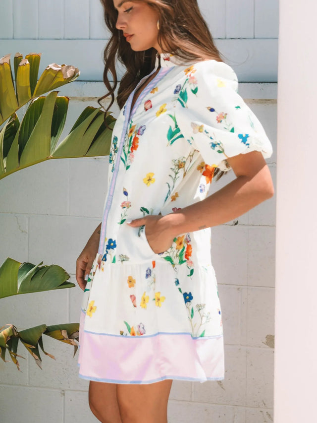 Floral Print Notched Short Sleeve Dress.