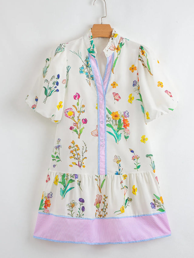 Floral Print Notched Short Sleeve Dress.