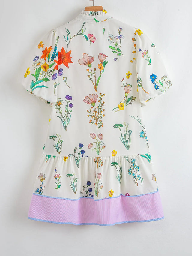 Floral Print Notched Short Sleeve Dress.