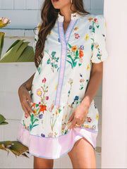 Floral Print Notched Short Sleeve Dress.