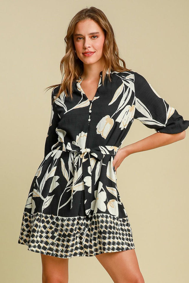 Umgee Full Size Floral Print Notched Tie Waist Mini Dress Plus Size.