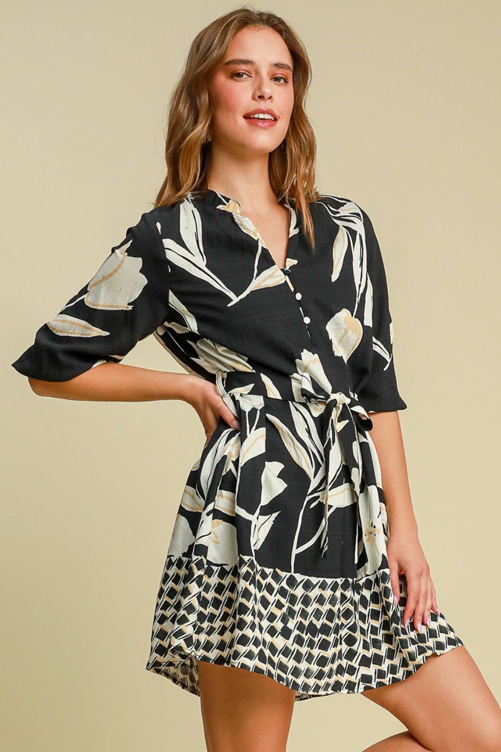 Umgee Full Size Floral Print Notched Tie Waist Mini Dress Plus Size.