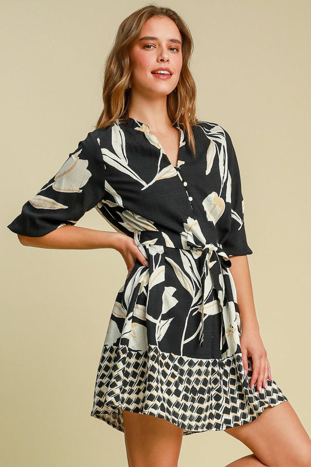 Umgee Full Size Floral Print Notched Tie Waist Mini Dress Plus Size.