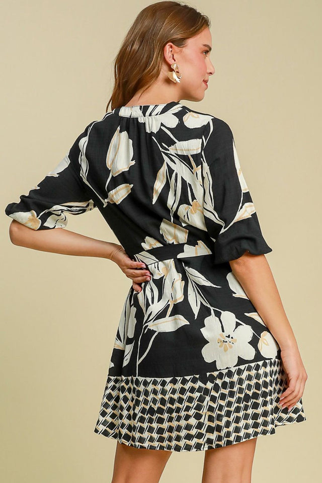Umgee Full Size Floral Print Notched Tie Waist Mini Dress Plus Size.