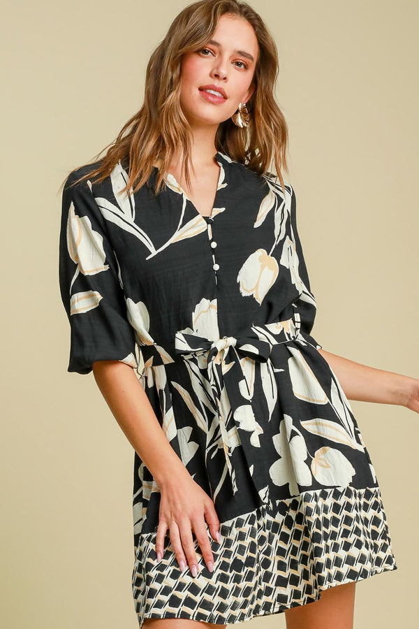Umgee Full Size Floral Print Notched Tie Waist Mini Dress Plus Size.