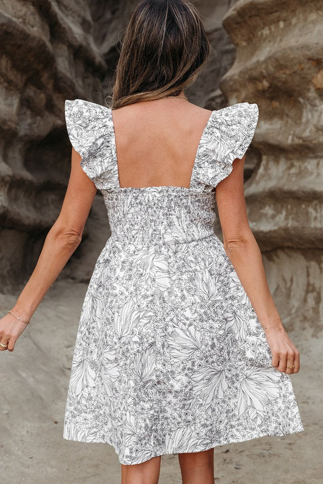 Floral Print Pipping Trim Ruffled Cap Sleeve Mini Dress.