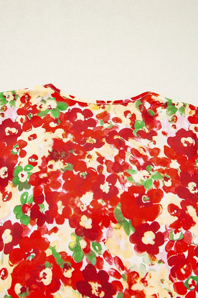 Floral Print Puff Sleeve Surplice Blouse.