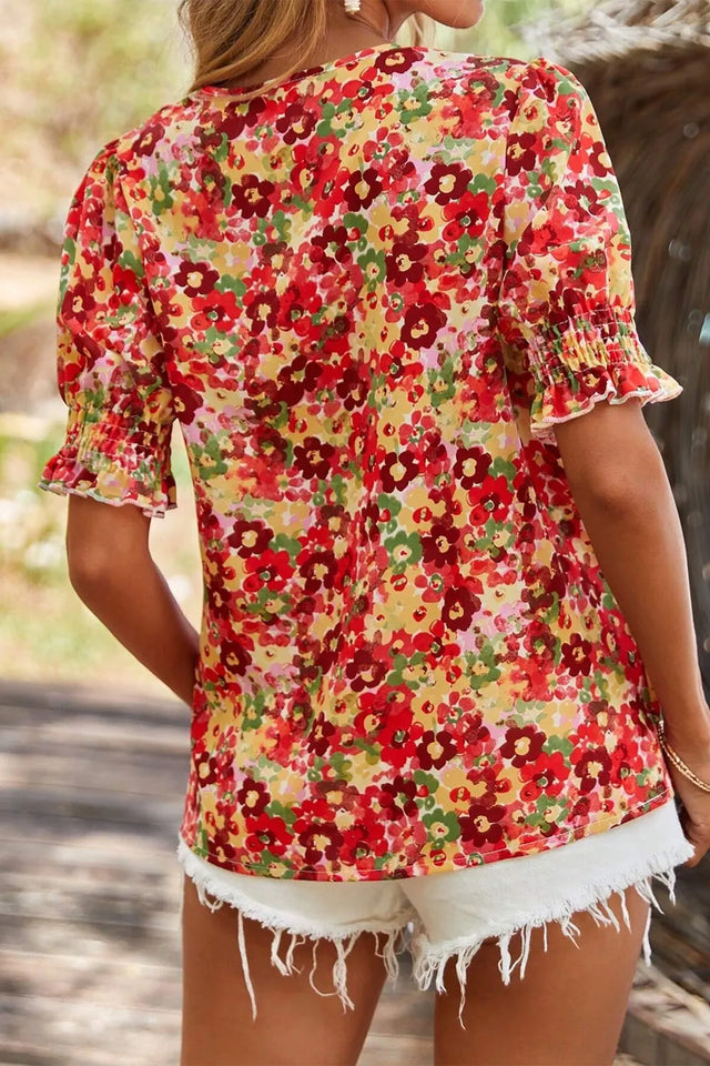 Floral Print Puff Sleeve Surplice Blouse.