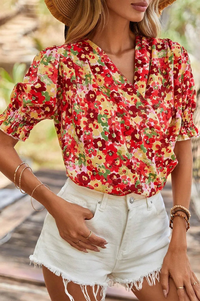 Floral Print Puff Sleeve Surplice Blouse.