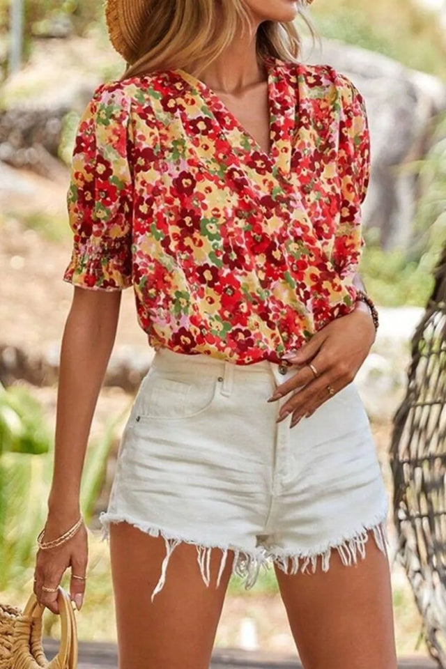 Floral Print Puff Sleeve Surplice Blouse.